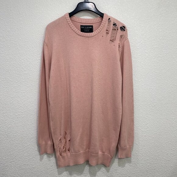 DVNT Sweaters - DVNT Pink Distressed Sweater, Crew Neck, Long Sleeve Knitted Sweater